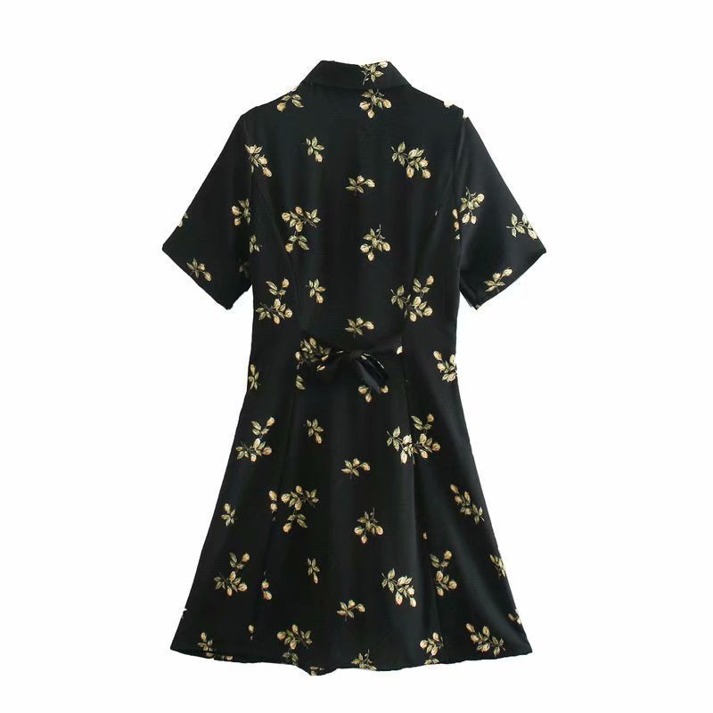 Black Collar Floral Buttons Down Mini Dress