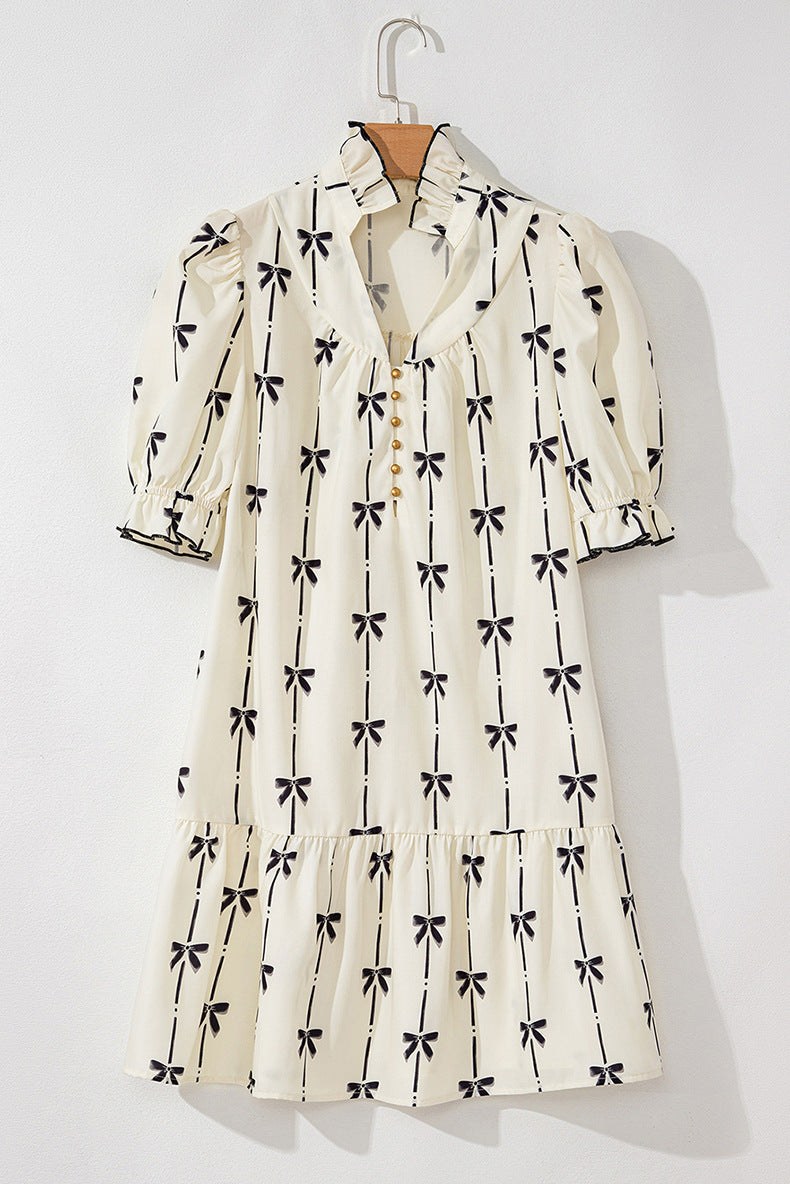 Frill Bow Print Half Sleeve Mini Dress