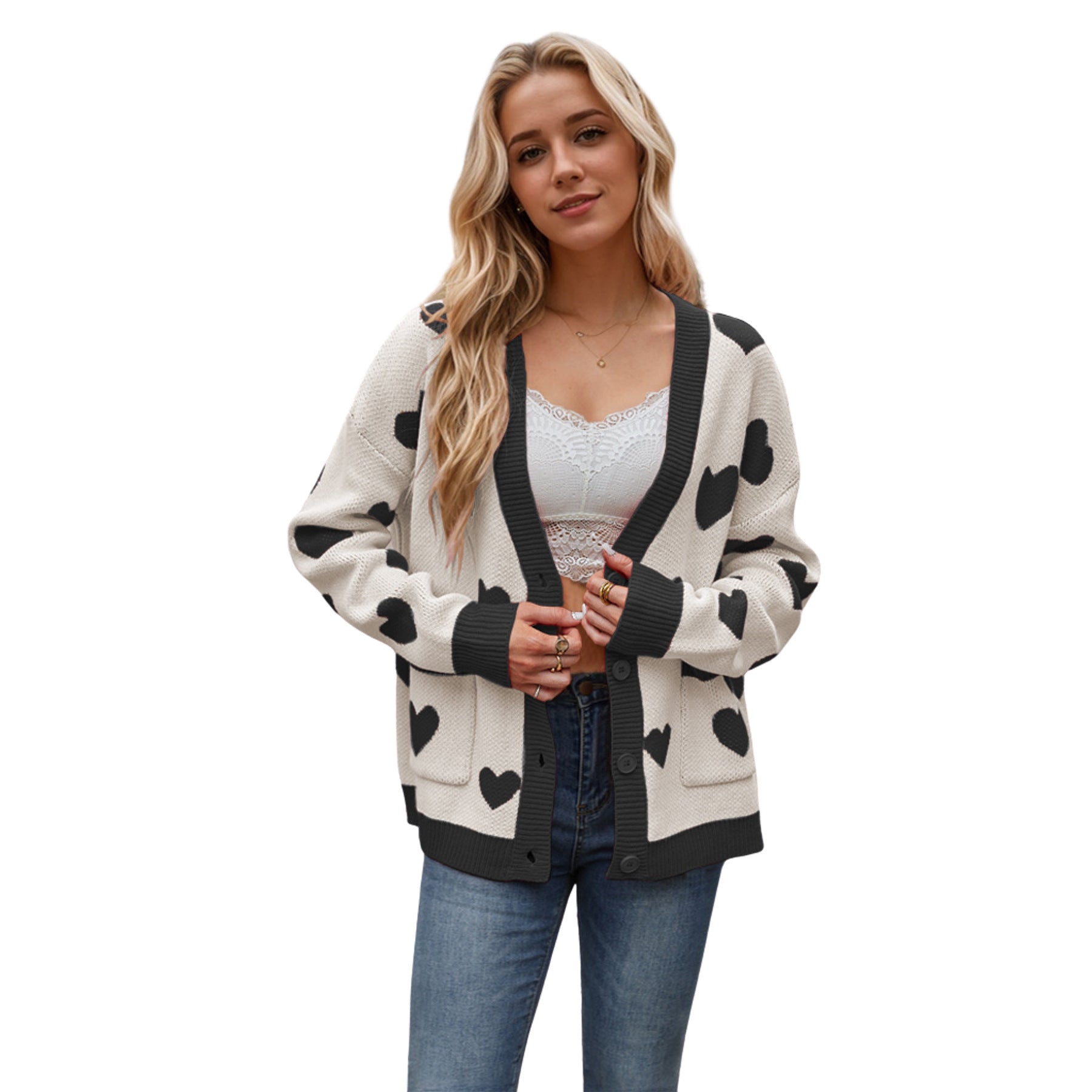 Heart Button Up Dropped Shoulder Long Sleeve Cardigan