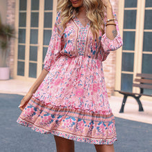 Load image into Gallery viewer, Pink Bohemian Frill Trim V-Neck Dress
