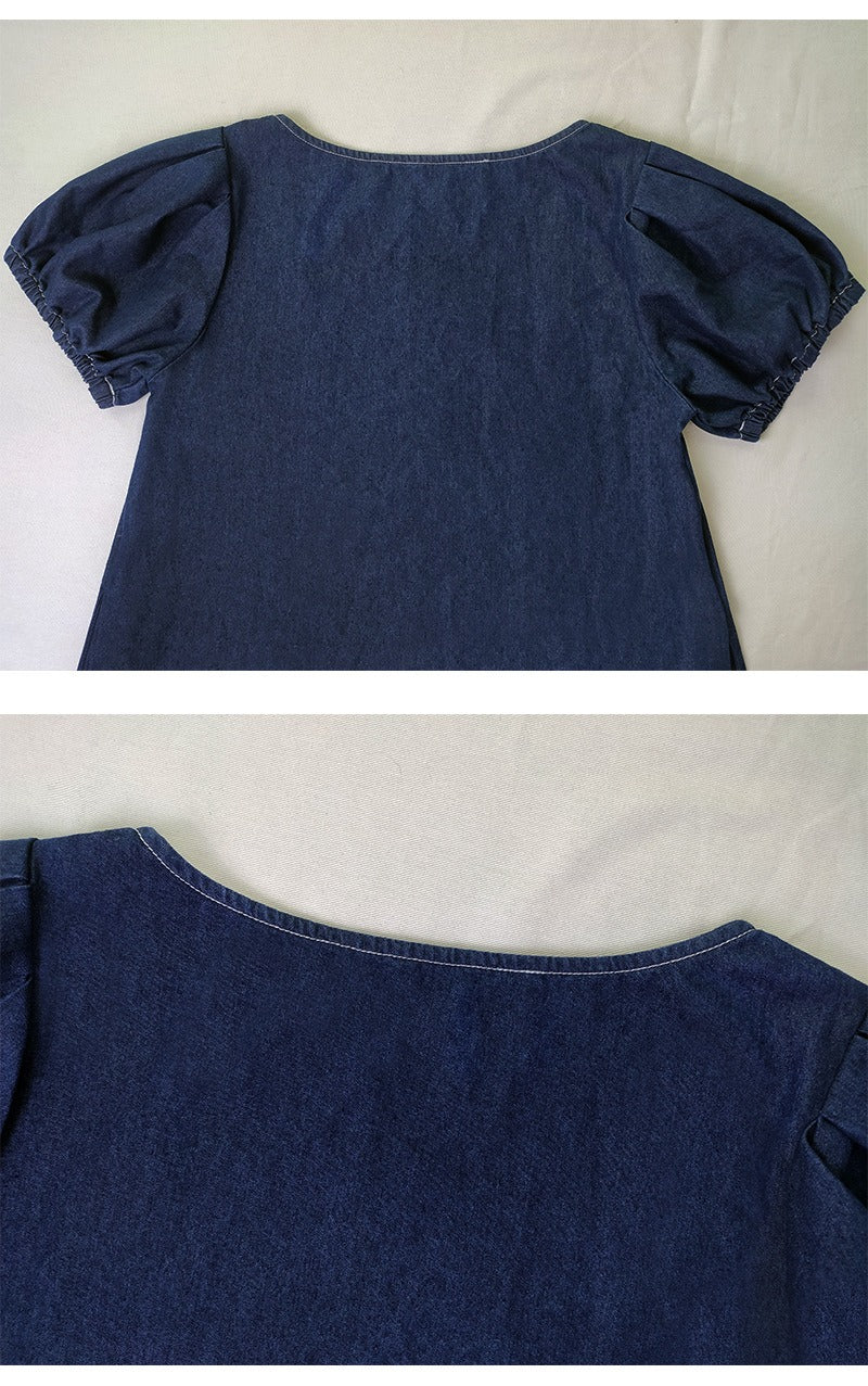 Classic Slit Square Short Sleeve Slit Front Midi Denim Dress