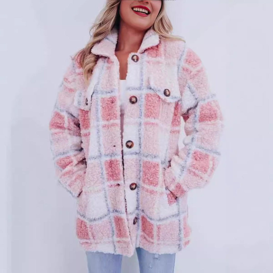 Collar Long Sleeve Teddy Plaid Wool Jacket
