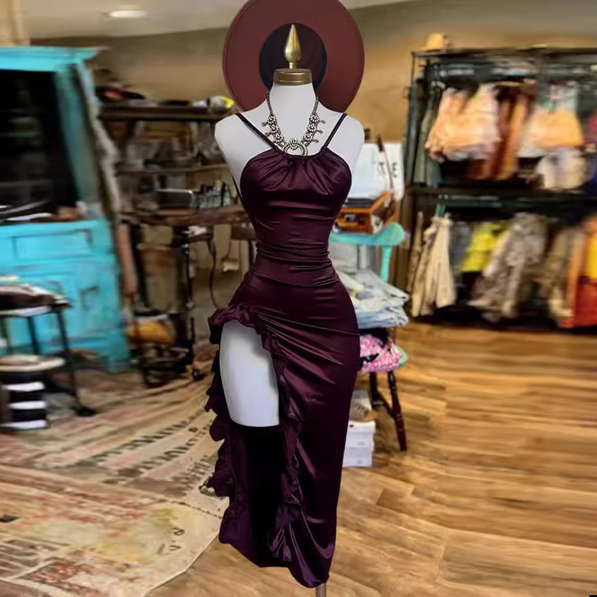 Burgundy Pretty Ruffled Slit Side Midi Dress