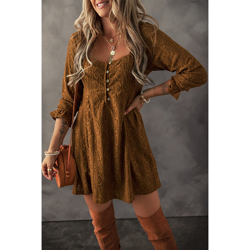 Chestnut Lace Crochet Buttoned Square Neck Shift Mini Dress