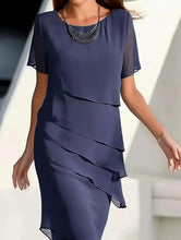 Load image into Gallery viewer, Navy Round Neck Short Sleeves Tiered Mini Dress
