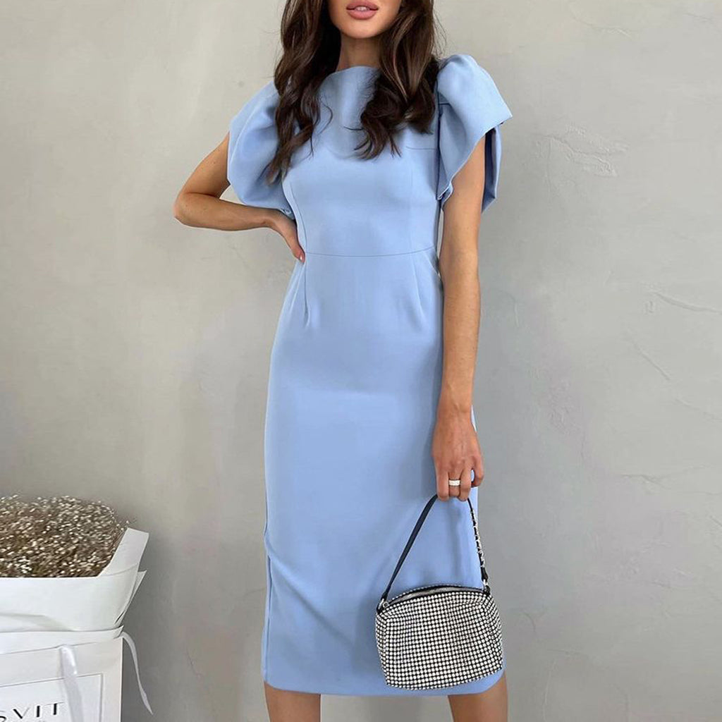 Elegant Blue Flounce Slit Back Midi Dress