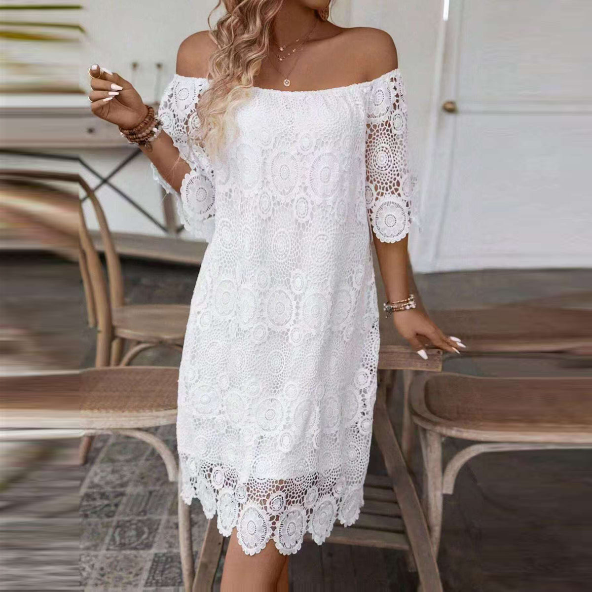 Elegant Off Shoulder Half Sleeves Lace Trim Mini Dress