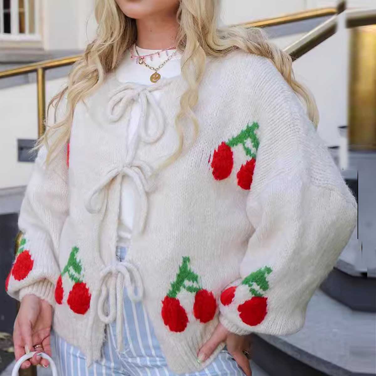 Cherry Embroidered Tied Up Cardigan Sweater
