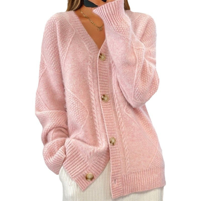Button-Down Jacquard Long-Sleeved V-Neck Knitted Cardigan