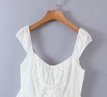 Load image into Gallery viewer, White Capped Sleeves Tied Front Tiered Cotton Mini Sun Dress
