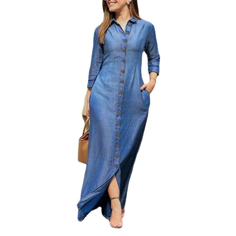 Collar Buttons Down Long Sleeve Maxi Denim Dress