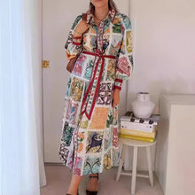 Load image into Gallery viewer, Unique Printed Lantern Sleeve Belt Pocket Shirt Midi Dress
