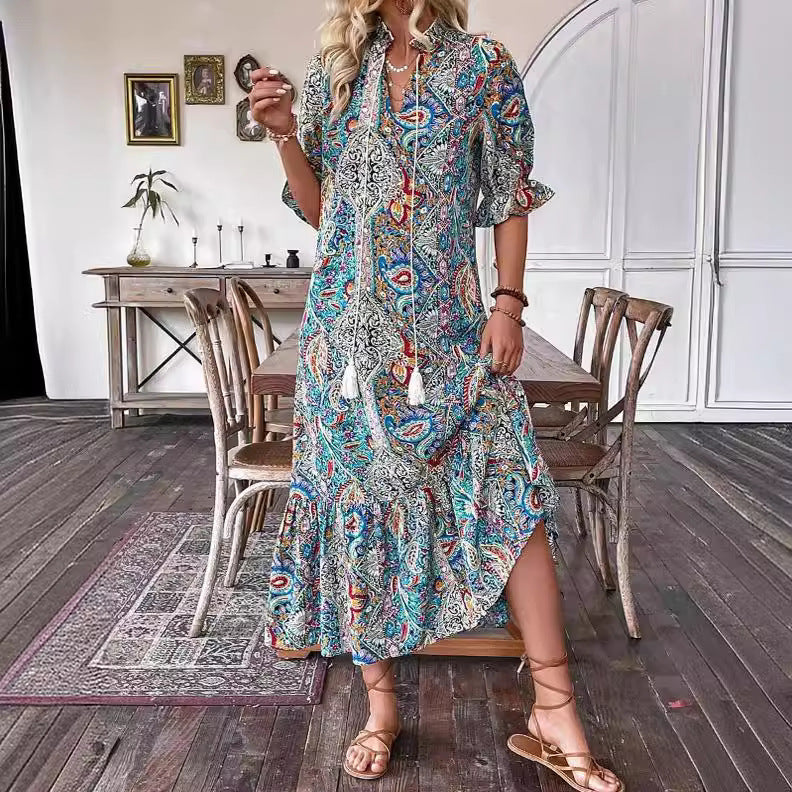 Boho Print Half Sleeves Loose Midi Dress