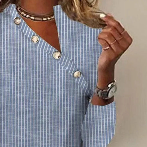 Blue Stripped Buttons Long Sleeves Blouse
