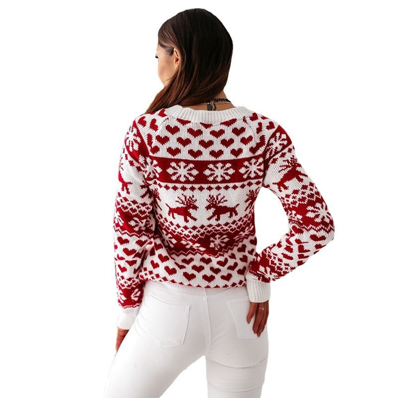 Christmas Elk Snowflake Heart Long Sleeves Knitted Sweater