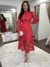 Load image into Gallery viewer, Long Sleeve Hollow Out Lace Midi Dress
