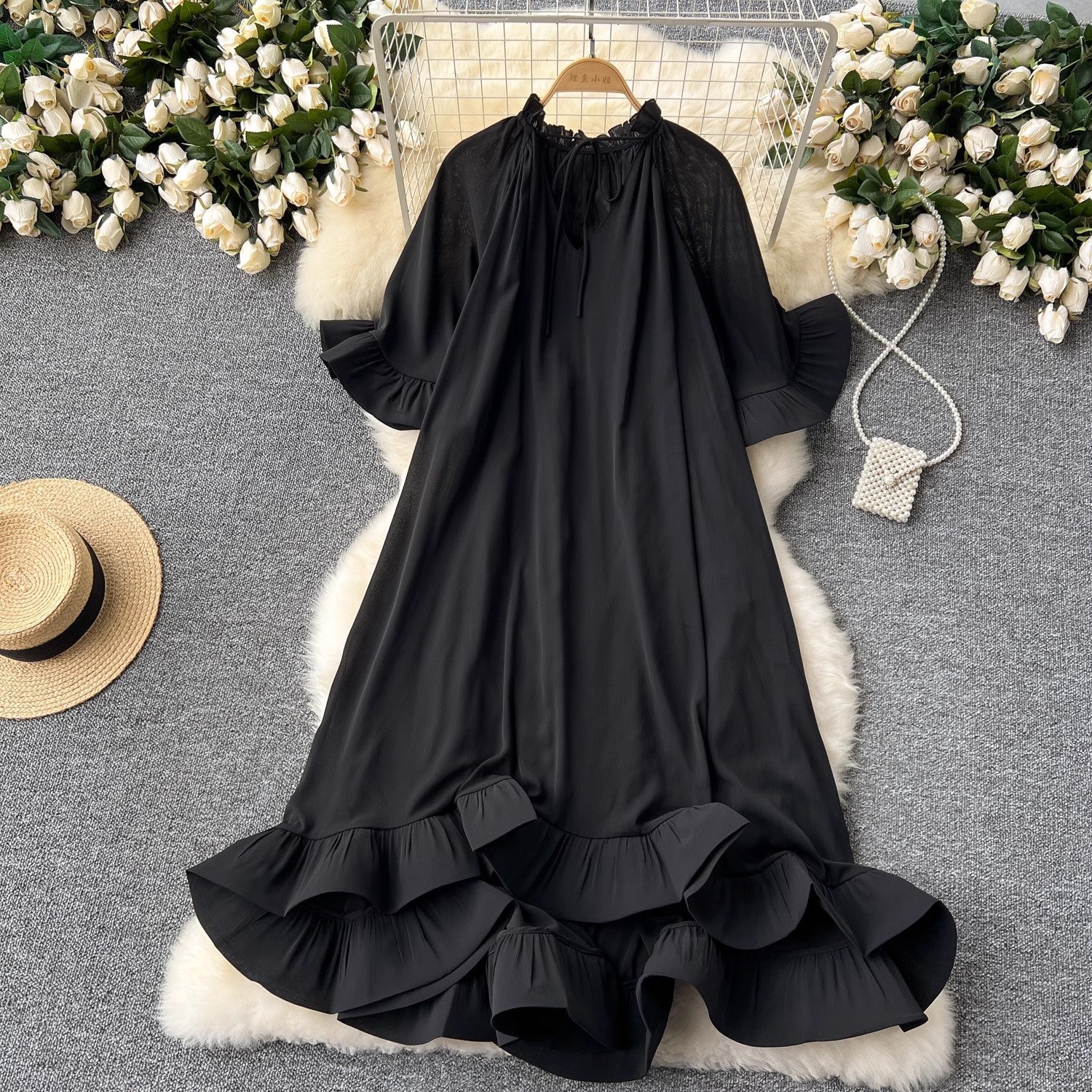 Elegant Bell Sleeves Loose Midi Dress