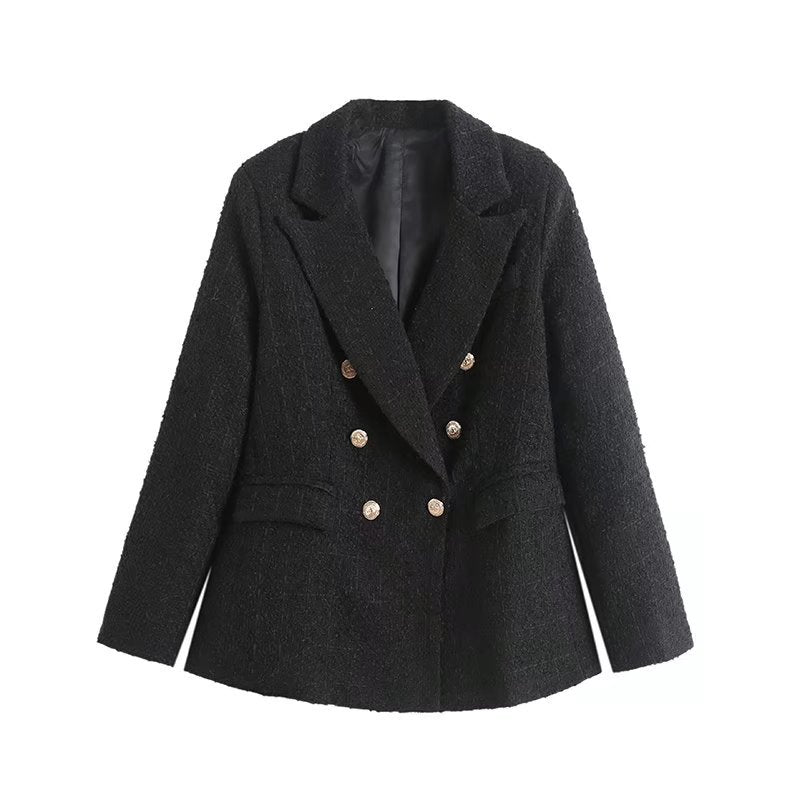 Black Lapel Buttons Tweed Blazer