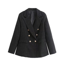 Load image into Gallery viewer, Black Lapel Buttons Tweed Blazer
