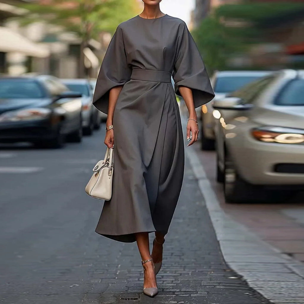 Elegant O Neck Long Sleeves Ruched Midi Dress