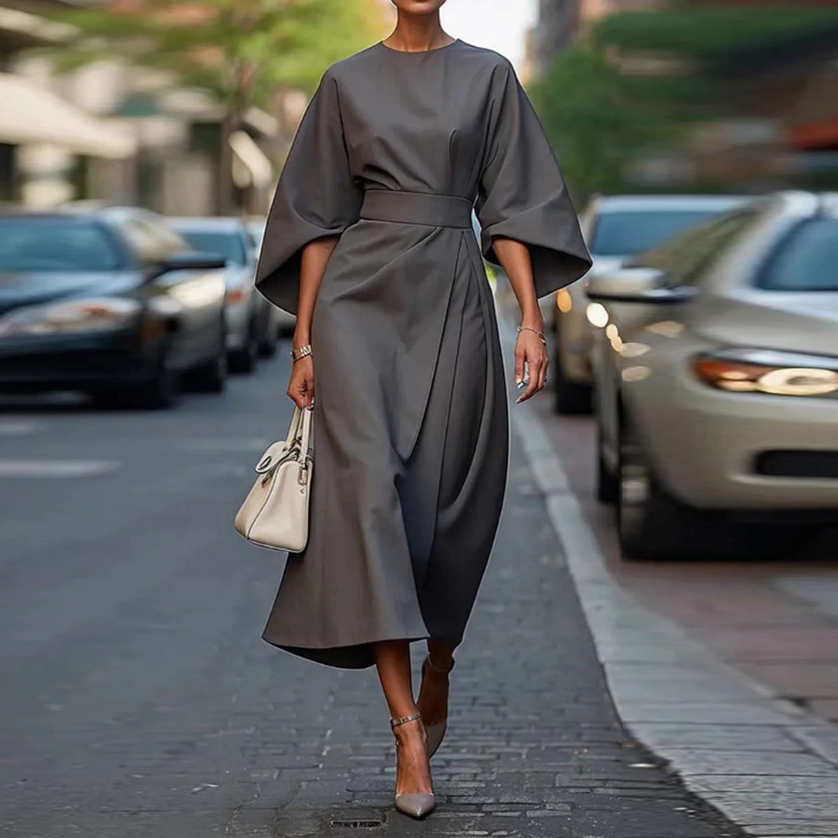Elegant O Neck Long Sleeves Ruched Midi Dress
