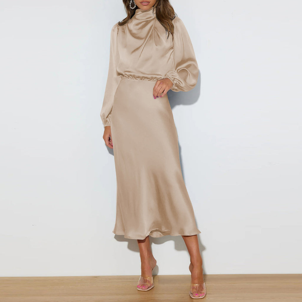 Chic Satin Long Sleeve Midi Party Dress