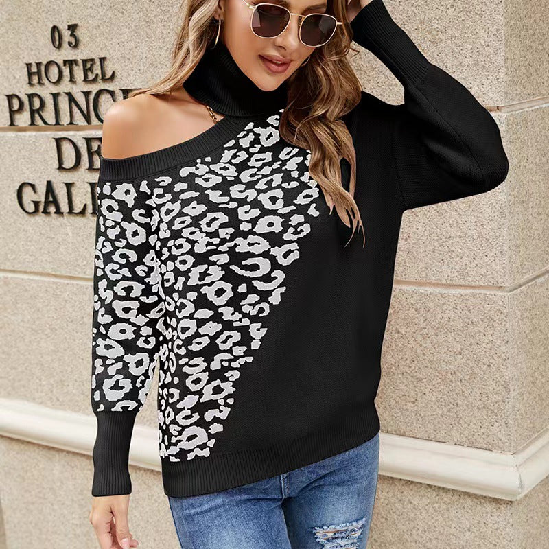 Leopard Turtleneck Cold Shoulder Long Sleeve Sweater