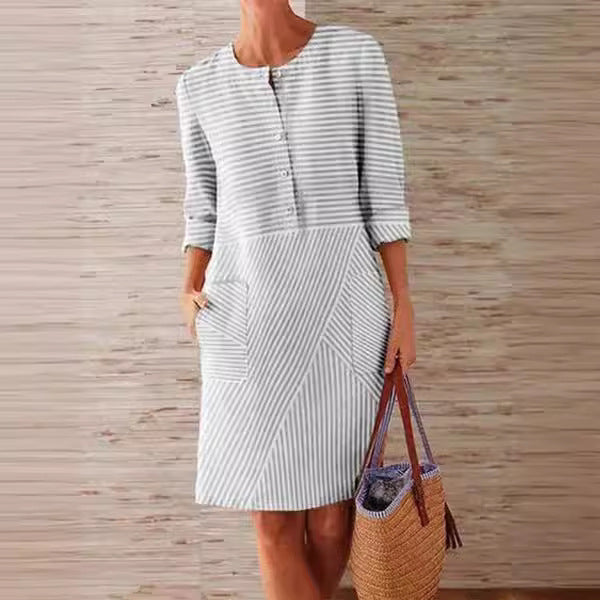 Buttons Down Stripped Midi Dress with Pockets