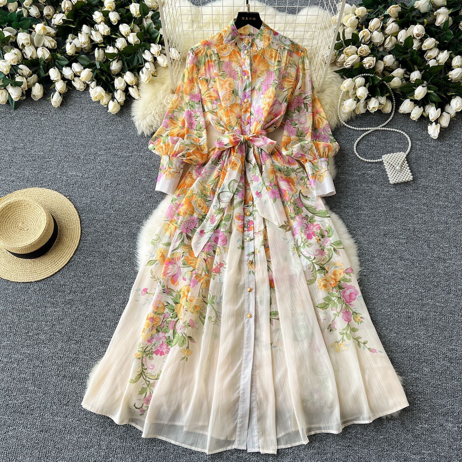 Floral Long Sleeves Buttons Down Maxi Dress