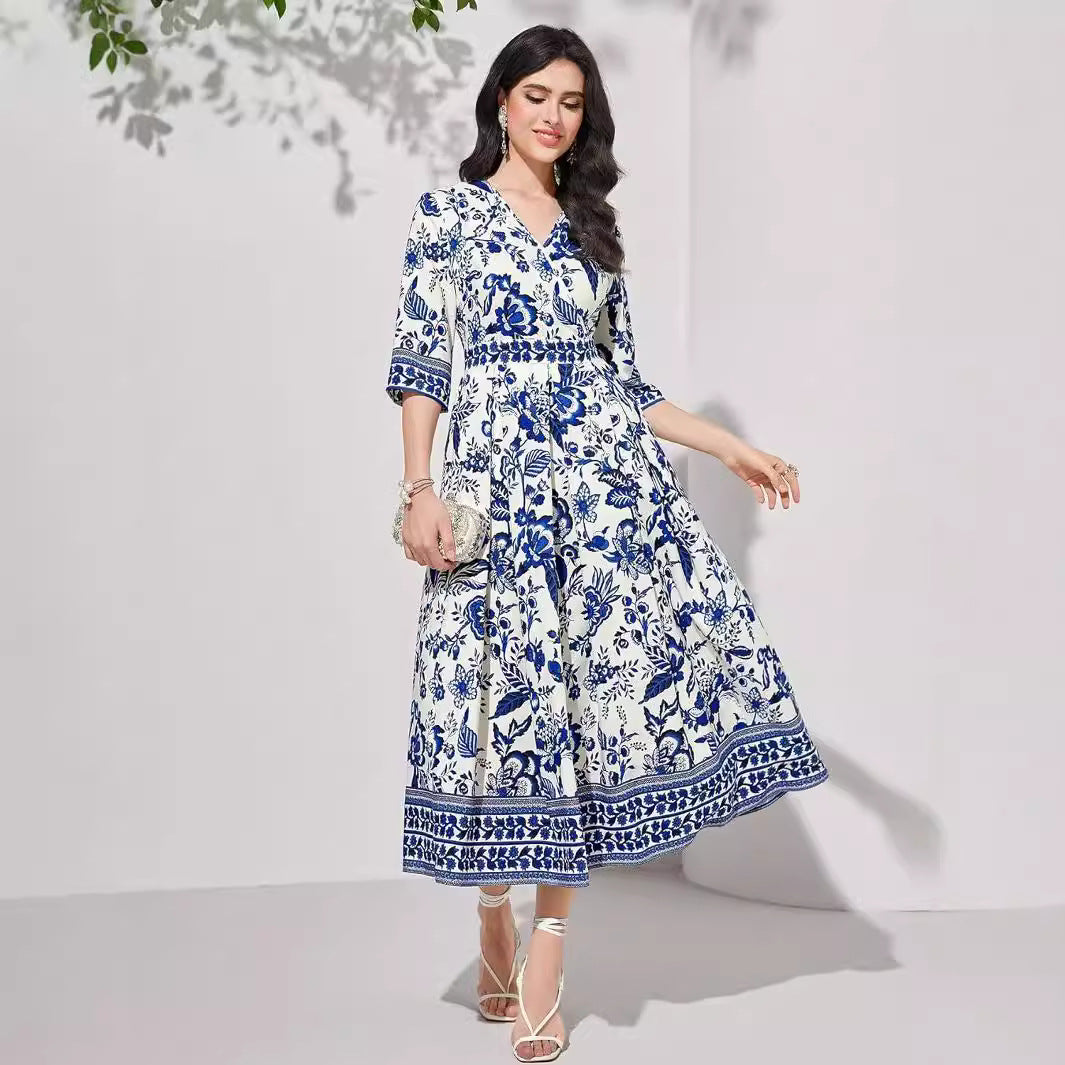 Blue V-neck Half Sleeves Floral Maxi Dress