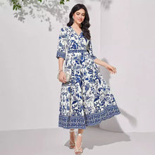 Load image into Gallery viewer, Blue V-neck Half Sleeves Floral Maxi Dress
