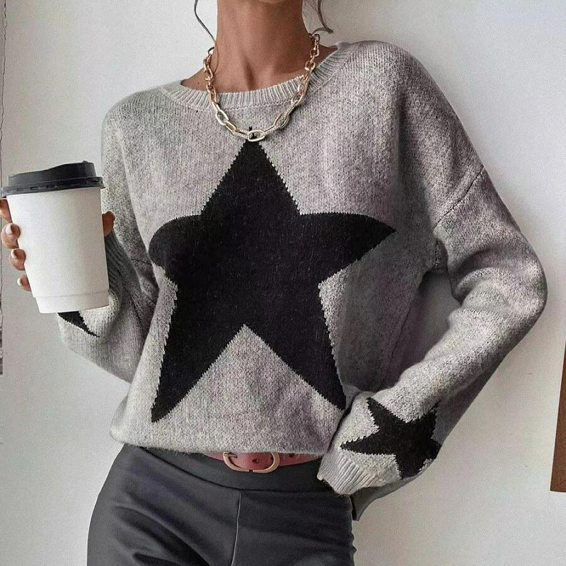Casual Long Sleeve Crewneck Star Print Pullover Knit Sweater Top