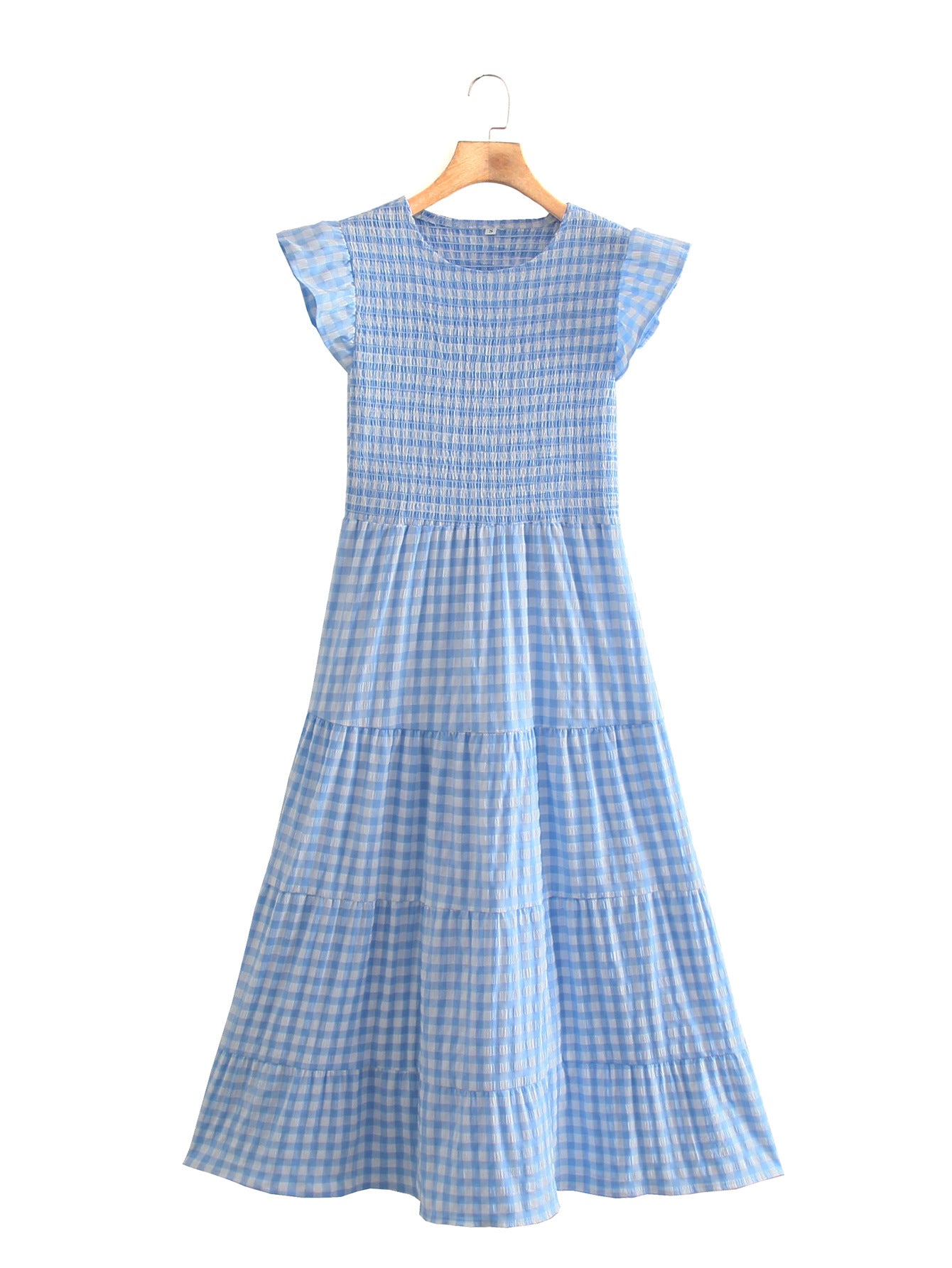 Blue Gingham Smocked Flutter Sleeves Tiered Midi Dress