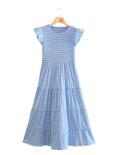 Load image into Gallery viewer, Blue Gingham Smocked Flutter Sleeves Tiered Midi Dress
