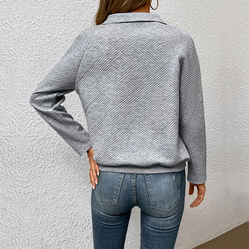 Long Sleeve Collared Neck Textured Cross Knit Sweatshirt with Pockets