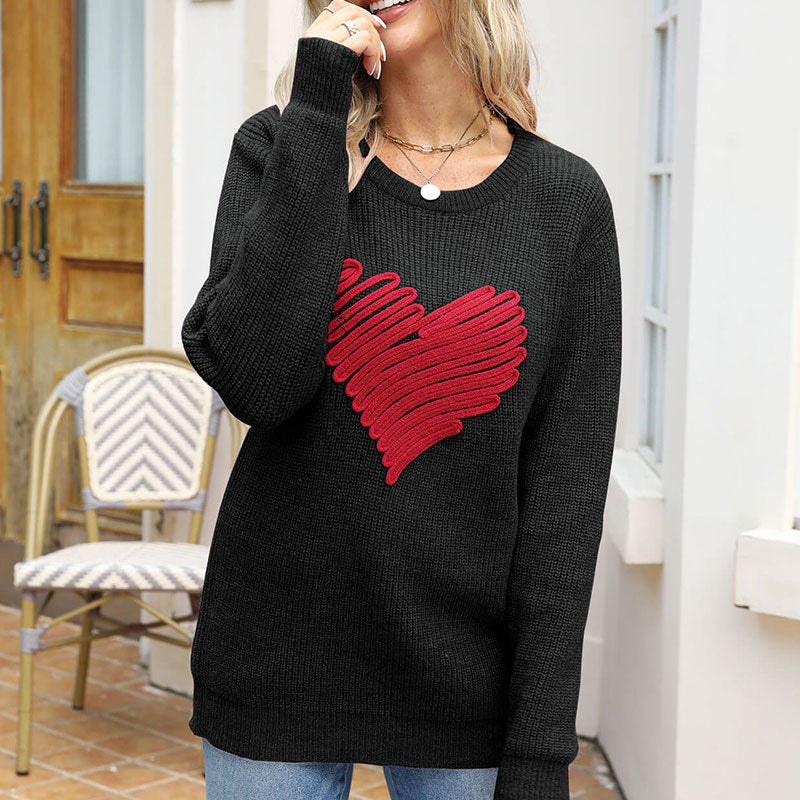 Casual Loose Pullover Sweater Heart Embroidery Chunky Knit Long Sleeve Valentine Sweater