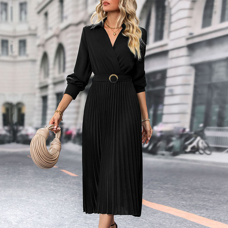 V-neck Long Sleeves Pleated Midi Dress