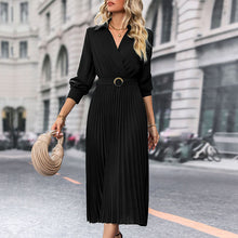 Load image into Gallery viewer, V-neck Long Sleeves Pleated Midi Dress
