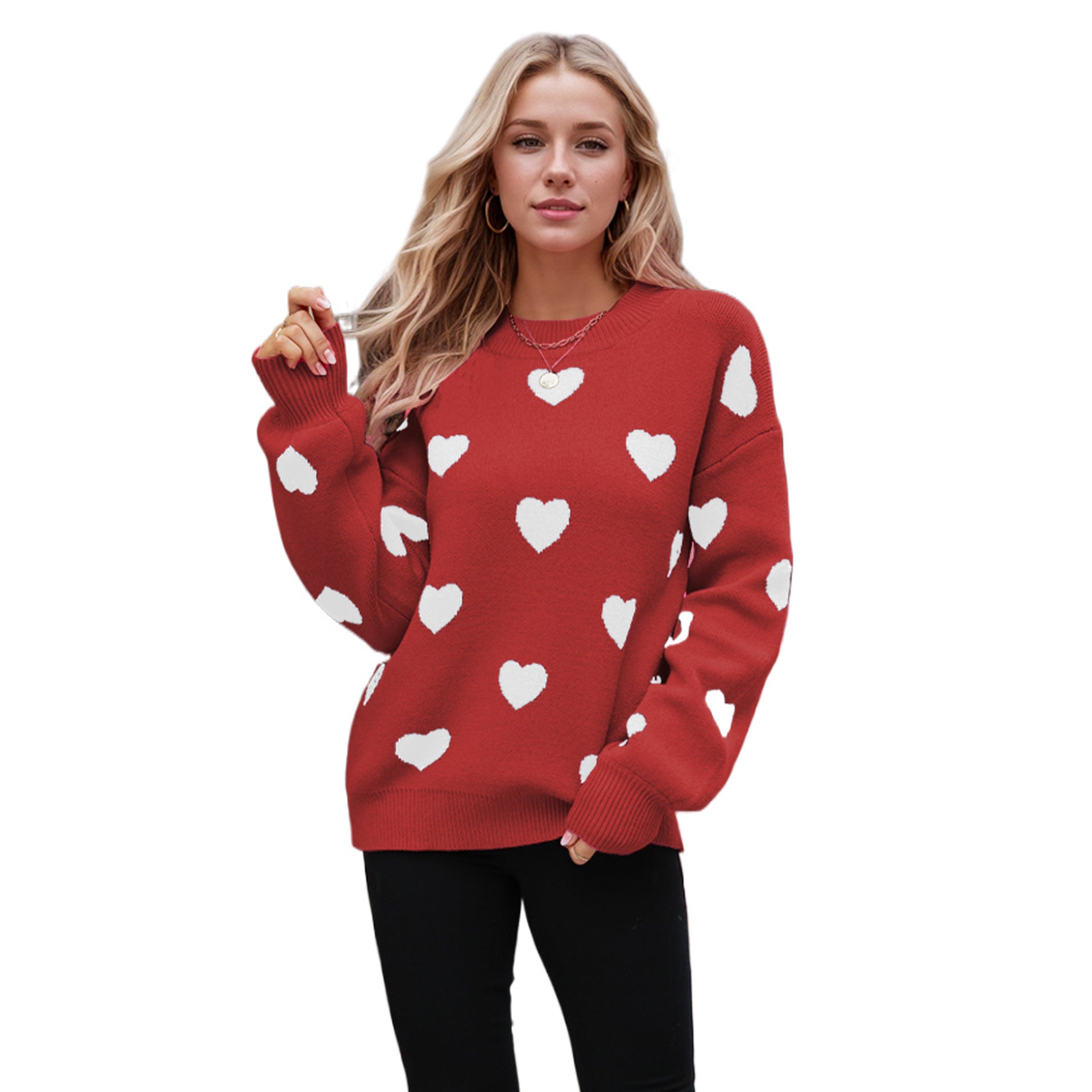 Heart Pattern Lantern Sleeve Round Neck Sweater