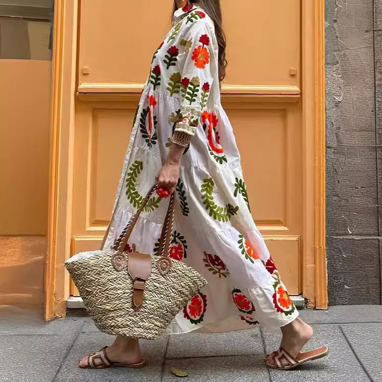 Botanical Print Lapel Ruffled Resort Maxi Dress