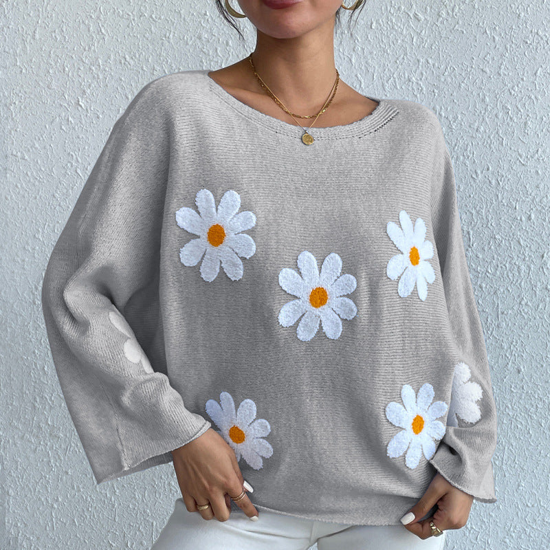 Embroidered Floral Knit Pullover Sweater
