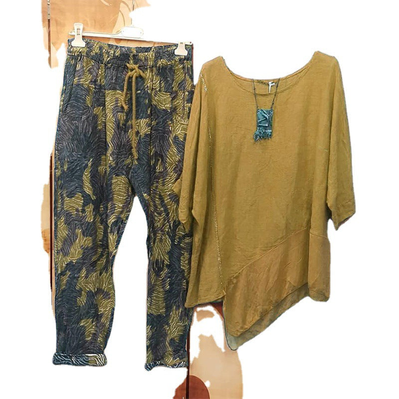 Casual Printing Irregular top with Camouflage print Pants Two Piece Suit