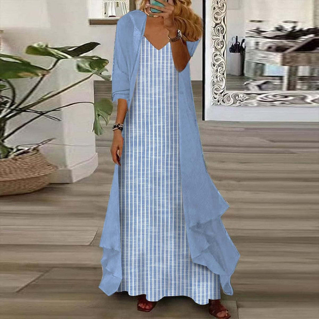 Blue Striped Print Maxi Dress With Outerwear Two Piece