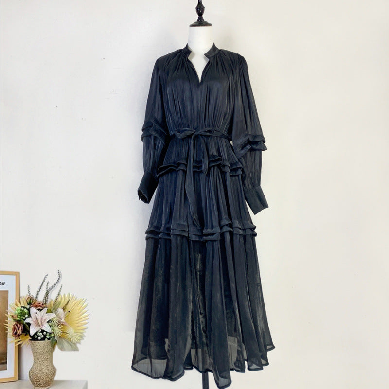 Elegant Lantern Long Sleeves V-Neck Pleated Tiered Maxi Dress