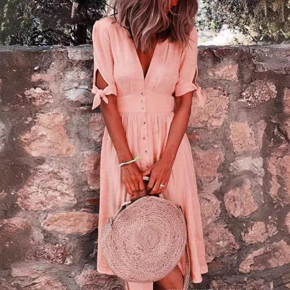 Casual Elegant Buckle Knotted V Neck Buttons Down Midi Dress