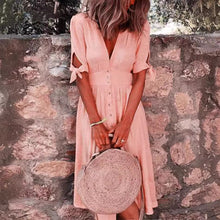 Load image into Gallery viewer, Casual Elegant Buckle Knotted V Neck Buttons Down Midi Dress
