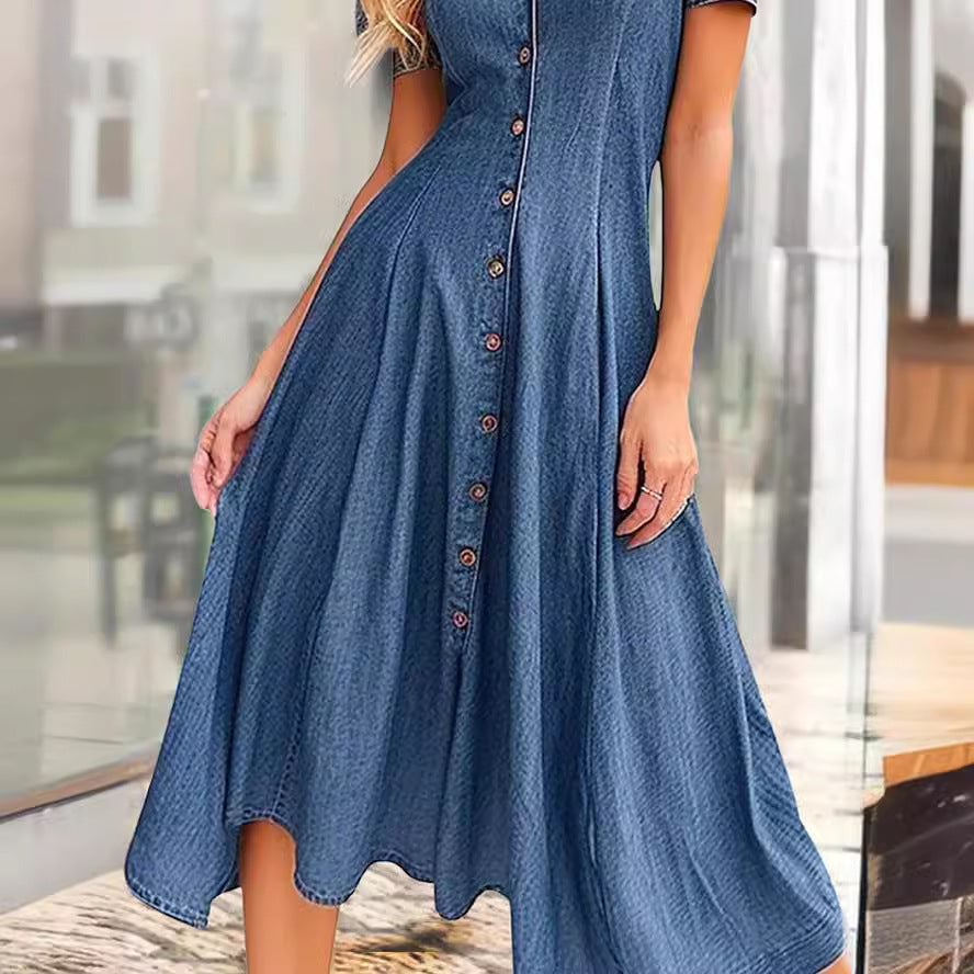 Casual Short-Sleeved Collar Buttons Down Midi Denim Dress