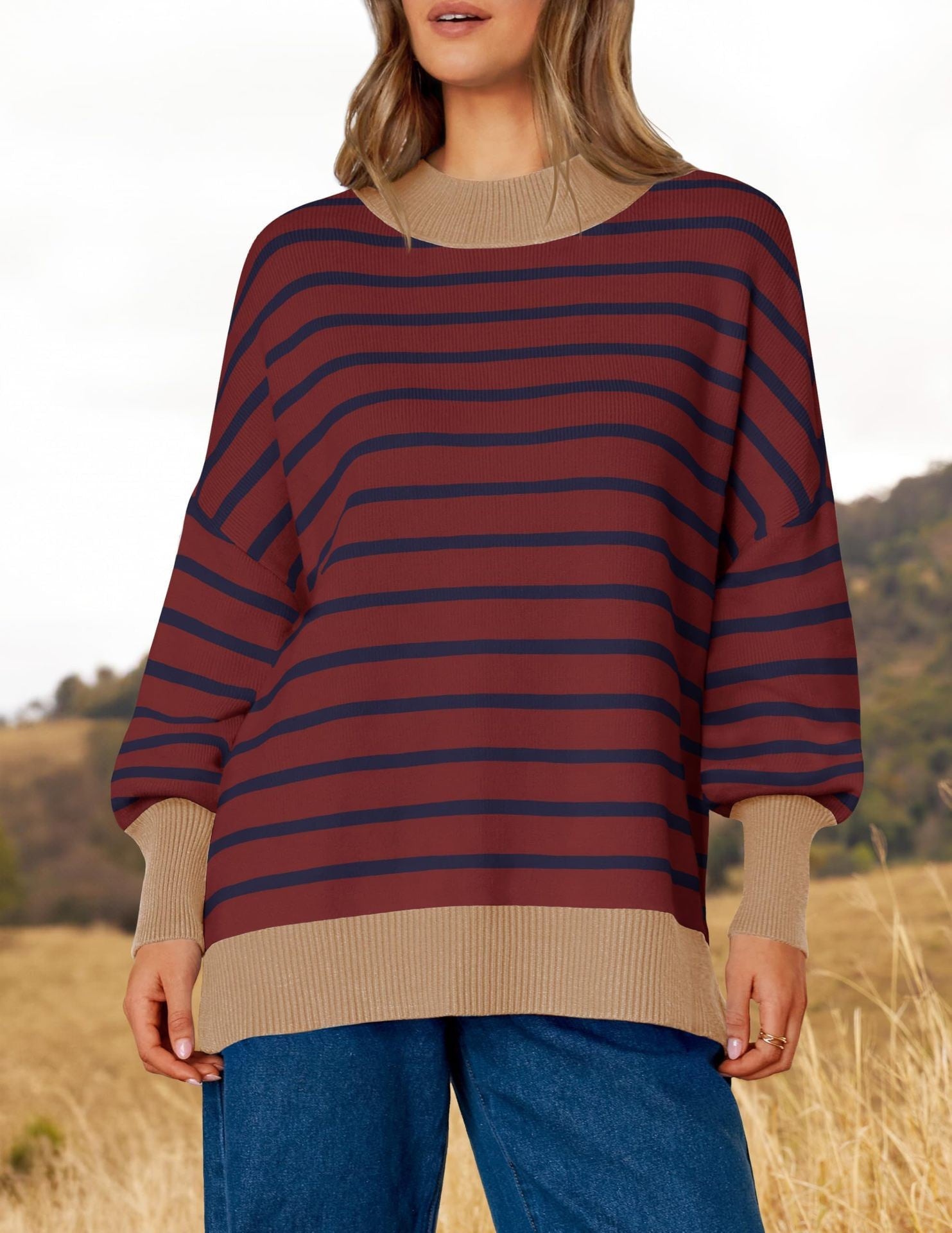 Oversized Crewneck Casual Long Sleeve Contrast Loose Knit Pullover Sweaters Top