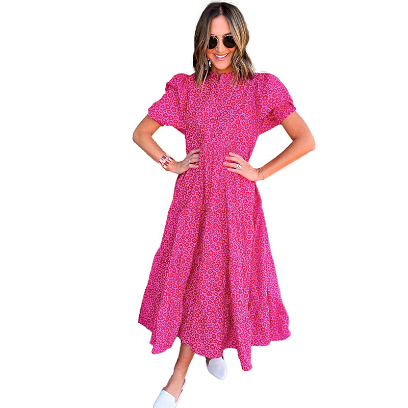 Hot Pink Floral Mock Neck Puff Sleeve Tiered Midi Dress