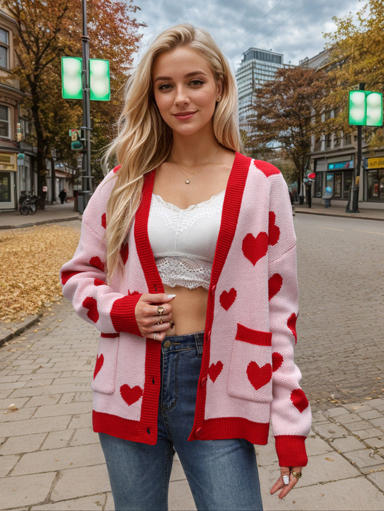 Heart Button Up Dropped Shoulder Long Sleeve Cardigan